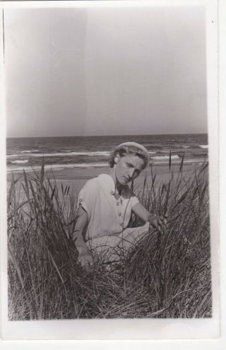 1960s Pretty Young Woman In Grass By The Sea Fashion Old Soviet Russian Photo