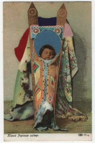 Vintage Native American Postcard,  Kiowa Papoose Asleep,  Silk Appliques