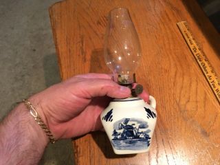 Vintage Delft Holland Hand Painted Porcelain Kerosene Oil Lamp W Chimney