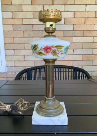Vintage Handpainted Daisy Floral Electric Style Oil Lamp Marble Base