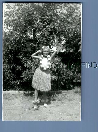 Found B&w Photo M,  8165 Girl In Hula Skirt And Hawaiin Lei Dancing
