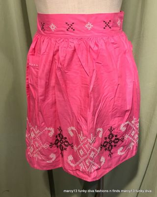 Sweet Vintage Home Crafted One Pocket Fuschia Cotton Cross Stitch Apron