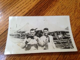Vintage Black & White Photo Bare Chest Army Men Drinking Tents Hold Empty Wallet