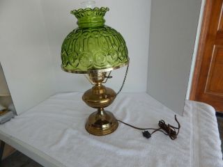 Vintage Electric Hurricane Brass Oil Lamp Green Cut Glass Shade
