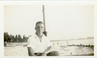 Vintage Snapshot - B/w Photo Of Joe Sticking His Tongue Out While At The Beach