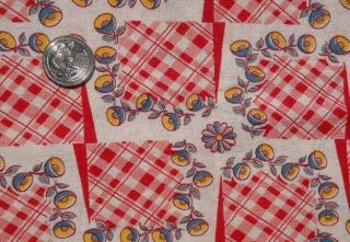 Vintage Cotton Feedsack Fabric Floral Red White Check Blue Bells Flowers 19 X 36