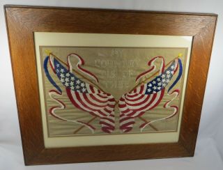 Old Silk Embroidered Folk Art 16 Star Two American Flag America Song Patriotic