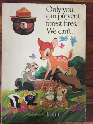 Walt Disney Bambi Thumper Smokey Bear " Prevent Forest Fires " Cardboard Poster