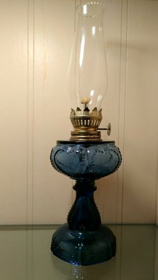 Vintage Blue Glass Hurricane Oil Lamp 10.  5 "