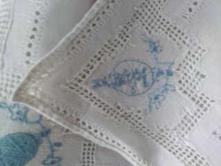 3 Vintage Doilies,  Mats,  Dresser Scarf,  Blue Hand Embroidered 10x16 