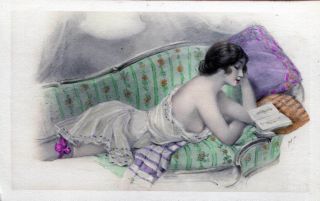 Risque Belle Reads Book Fine Old Erotic Postcard H.  S.