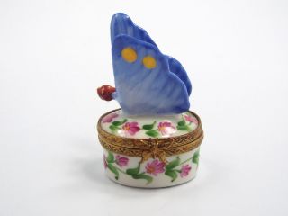 Limoges France Peint Main Blue Butterfly On Floral Box Trinket Box,  289/300