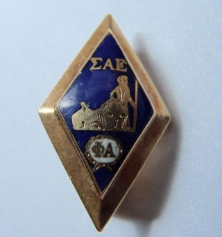 Sigma Alpha Epsilon Fraternity Pin - 10k Yellow Gold And Blue Enamel
