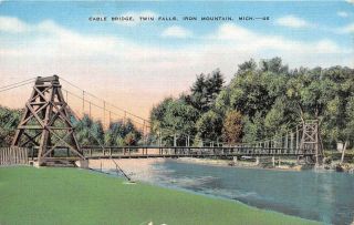 Iron Mountain Mi 1938 View Of The Cable Bridge Over The Twin Falls Vintage 566