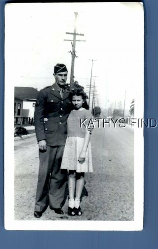 Found B&w Photo N,  1205 Soldier Posed With Pretty Woman In Dress In Street