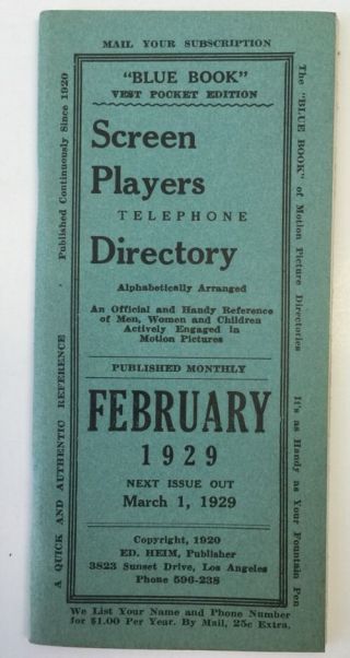 1929 Screen Players Telephone Directory (actors Phone Book)