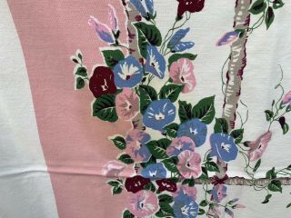 Vintage Linen Kitchen Tablecloth Pink Blue Morning Glories Curling On Branches