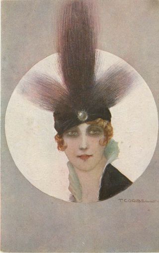Vintage Art Deco Postcard Signed Artist Corbella Plumed Deco Hat