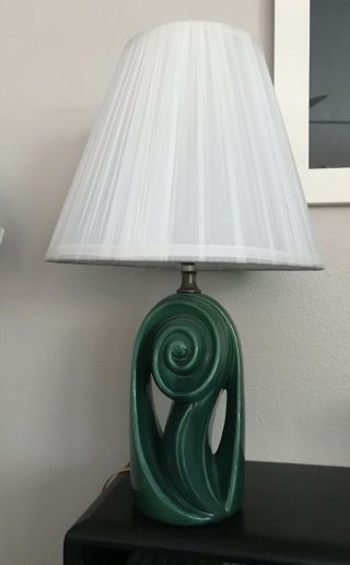 Vintage Green Ceramic Mid - Century Table Lamp With White Shade