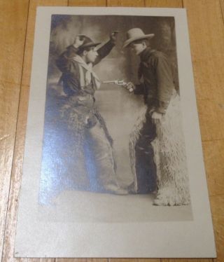Vintage Antique Rppc Western Cowboys Hat & Pistol,  Wooly Chaps Early 1900s