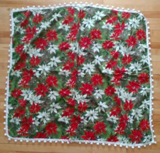 Vintage Christmas Poinsettia Table Cloth W Dingleballs Red Green Brown 49x52