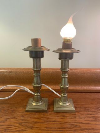 2 Vintage 8” Brass Candlestick Style Electric Candle Lamps Pair Heavy Patina