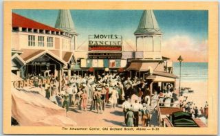 Old Orchard Beach,  Maine Postcard " The Amusement Center " Pavilion Entrance Linen