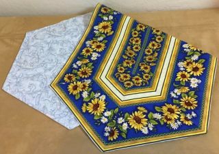Patchwork Country Quilt Table Runner,  Sunflowers,  Leaves,  Stripes,  Yellow,  Blue