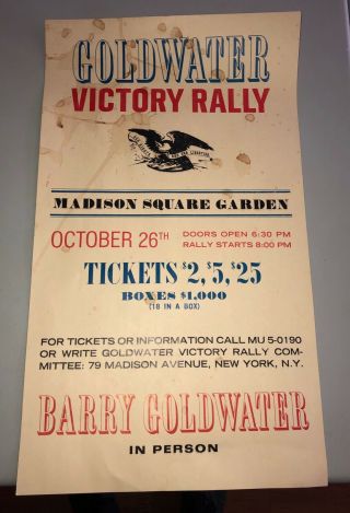 Vintage Orig Oct 26th 1964 Barry Goldwater Political Campaign Victory Poster