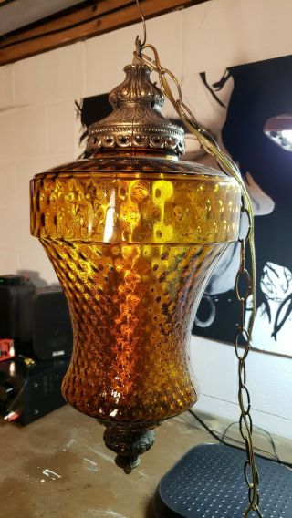 Vintage Retro Mid Century Amber Glass Hanging Swag Lamp Light