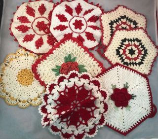8 Vintage Hand Crocheted Pot Holders Rose Snowflake Yellow Red Black White