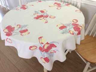 Vintage 1950/60s Tablecloth,  Red & Yellow Flowers With Blue Vine