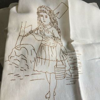 Antique Vtg Kitchen Tea Towel Ivory Linen Embroidered Edwardian Girl 31x16 " Chic