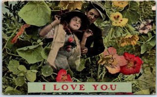 Vintage Greetings Romance Postcard " I Love You " Couple Large Flowers 1911 Cancel