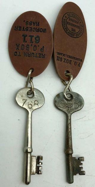 2 Antique Skeleton Keys With P O Box Return Fobs Padlock Cabinet Door Vintage