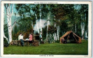 1933 Camping In Maine Postcard " In The Good Old Summer Time " Tent Bath Me Cancel