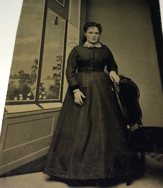 Antique Victorian American Fashion Woman,  Painted Window Backdrop Tintype Photo