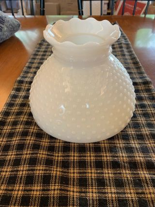 White Milk Glass Hobnail Ruffled Top Kerosene Oil Lamp Shade Globe 8 " Wide