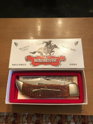 Winchester Rifle Shield Series Burnt Orange Clasp Folding Hunter Knife Usa