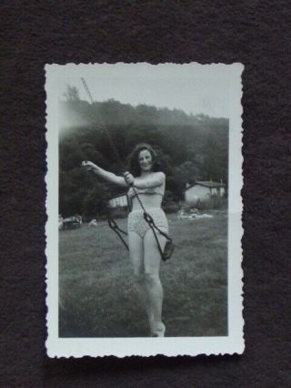 Pretty Lady In Bikini Posing On Swings Vtg 1940 