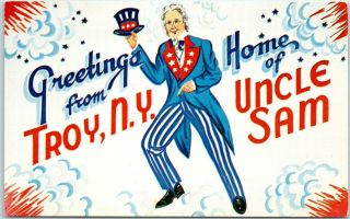 Troy,  York Postcard Greetings " Home Of Uncle Sam " C1960s Chrome