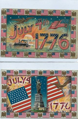 2 Antique Patriotic (w/flag Border) Fourth Of July Postcards,  1 Postally