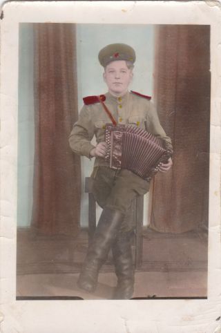1957 Handsome Young Man Soldier W/ Accordion Old Soviet Russian Photo Gay Int