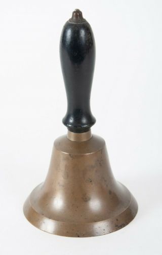 1850s Iowa Old Hand School Bell Cast Bronze With Black Enamel Wood Handle