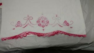 2 Vintage Cross Stitch Pillowcases Crocheted Edge Pink Variegated Bows Floral