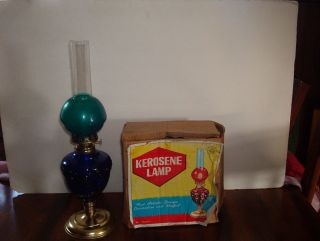 Vintage Colbalt Blue Kerosene Lamp 1960s 16 1/2 Inches Tall