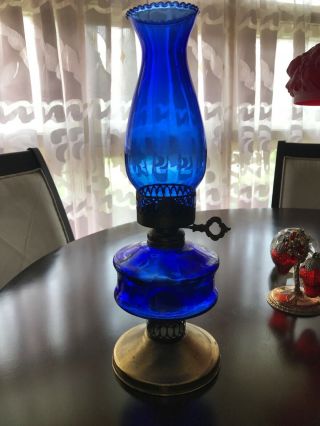 Vintage/antique Cobalt Blue Glass Kerosene Oil Lamp With Blue Chimney 15” Tall