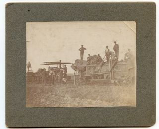 C1902 Mounted Photo Of Stream Engine Tractor & Thrasher & Farm Workers