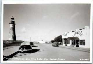 Port Isabel,  Texas Rppc Real Photo Postcard " Old Lighthouse & Ship Café " 1951