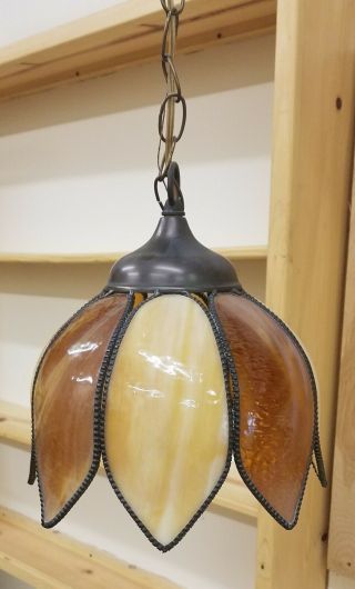Vtg Mid Century Amber Ivory Swirl Slag Glass Tulip Hanging Ceiling Light Lamp